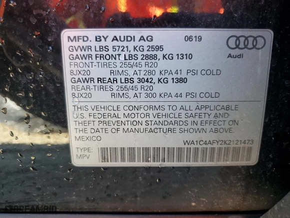 2019 Audi SQ5 Prestige with VIN WA1C4AFY2K2121473, listed as a Copart auction lot 88854105 with 70,263 mi miles and Salvage Title. Bid and sale history available at carsss.com. Image 13.
