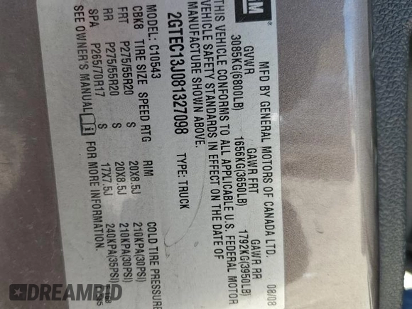 2008 GMC Sierra 1500 SLT с VIN 2GTEC13J081327098, выставлен на аукционе Copart как лот 47188155 с пробегом 255 495 миль миль и Списание • Salvage title. История ставок и продаж доступна на DreamBid. Изображение 12.