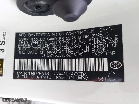 2013 Toyota Prius v Two with VIN JTDZN3EU9D3275182, listed as a IAAI auction lot 41753669 with 156,787 mi miles. Bid and sale history available at carsss.com. Image 9.