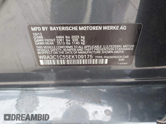 2014 BMW 3 Series 328i with VIN WBA3C1C55EK109175, listed as a IAAI auction lot 42463051 with 153,244 mi miles and . Bid and sale history available at DreamBid. Image 9.