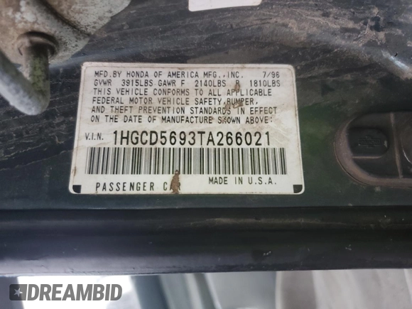 1996 Honda Accord Value with VIN 1HGCD5693TA266021, listed as a Copart auction lot 86699844 with 237,152 mi miles and Salvage Title. Bid and sale history available at DreamBid. Image 12.