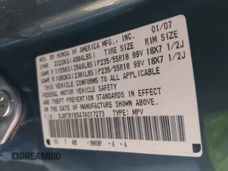 2007 Acura RDX Tech Pkg with VIN 5J8TB18547A017273, listed as a IAAI auction lot 41677874 with 175,322 mi miles. Bid and sale history available at carsss.com. Image 9.