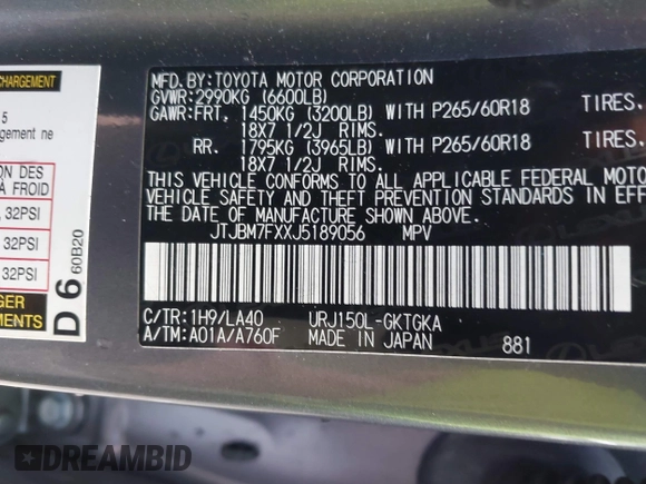 2018 Lexus GX 460 with VIN JTJBM7FXXJ5189056, listed as a IAAI auction lot 42257265 with 79,491 mi miles and . Bid and sale history available at DreamBid. Image 9.