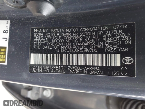 2014 Toyota Prius Four with VIN JTDKN3DU9E0389706, listed as a IAAI auction lot 42068067 with 278,910 mi miles. Bid and sale history available at carsss.com. Image 9.