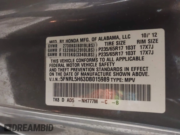 2013 Honda Odyssey EX-L с VIN 5FNRL5H63DB015989, выставлен на аукционе IAAI как лот 41832421 с пробегом 153 240 миль миль и . История ставок и продаж доступна на DreamBid. Изображение 9.