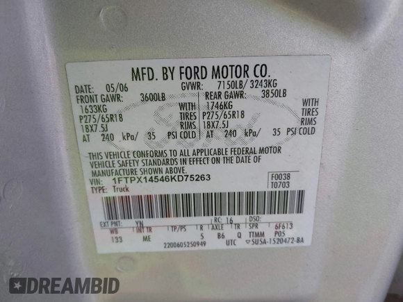 2006 Ford F-150 XLT with VIN 1FTPX14546KD75263, listed as a IAAI auction lot 41938779 with 207,110 mi miles. Bid and sale history available at carsss.com. Image 9.