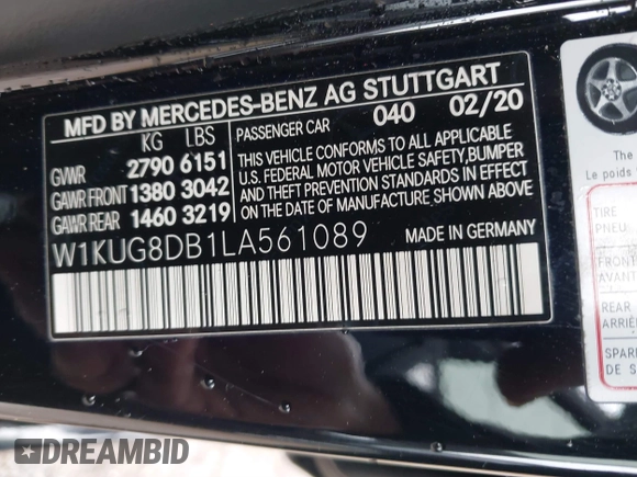 2020 Mercedes-Benz S-Class S 560 with VIN W1KUG8DB1LA561089, listed as a IAAI auction lot 41273882 with 50,113 mi miles. Bid and sale history available at carsss.com. Image 9.