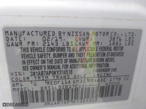 2019 Nissan Sentra SR with VIN 3N1AB7AP9KY314518, listed as a IAAI auction lot 41956191 with 62,887 mi miles. Bid and sale history available at carsss.com. Image 9.