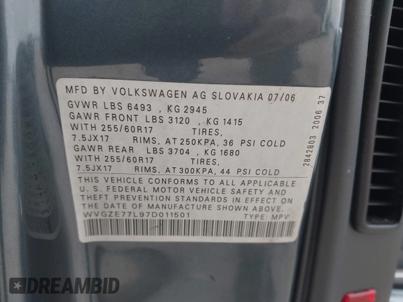 2007 Volkswagen Touareg V6 with VIN WVGZE77L97D011501, listed as a IAAI auction lot 41407720 with Not Provided miles and . Bid and sale history available at DreamBid. Image 9.