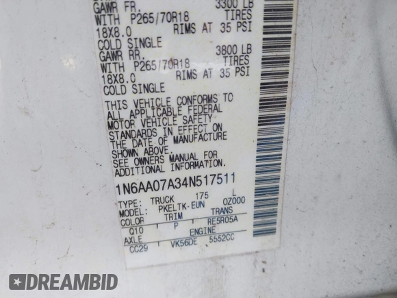 2004 Nissan Titan LE with VIN 1N6AA07A34N517511, listed as a IAAI auction lot 42250560 with 122,189 mi miles and . Bid and sale history available at DreamBid. Image 9.