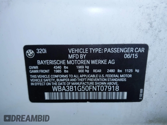 2015 BMW 3 Series 320i с VIN WBA3B1G50FNT07918, выставлен на аукционе IAAI как лот 41876026 с пробегом 83 220 миль миль и . История ставок и продаж доступна на DreamBid. Изображение 9.
