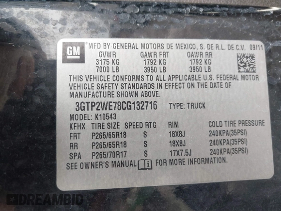2012 GMC Sierra 1500 SLT with VIN 3GTP2WE78CG132716, listed as a IAAI auction lot 41658637 with 195,074 mi miles and . Bid and sale history available at DreamBid. Image 11.