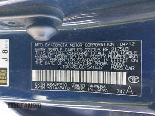2012 Toyota Prius One z VIN JTDKN3DU0C1541637, wystawiony jako IAAI lot #42287274 z przebiegiem 237 031 mil mil oraz . Historia ofert i sprzedaży dostępna na DreamBid. Obrazek 9.
