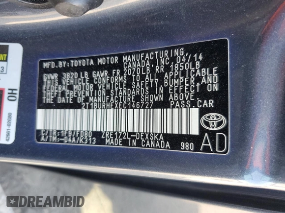 2014 Toyota Corolla L with VIN 2T1BURHEXEC146727, listed as a Copart auction lot 62231805 with 66,937 mi miles and Salvage title. Bid and sale history available at DreamBid. Image 12.