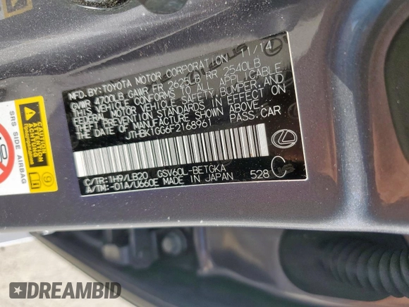 2015 Lexus ES 330 with VIN JTHBK1GG6F2168961, listed as a Copart auction lot 61363385 with 96,408 mi miles and Salvage title. Bid and sale history available at DreamBid. Image 13.