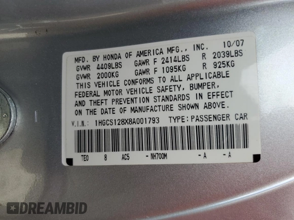 2008 Honda Accord EX-L z VIN 1HGCS128X8A001793, wystawiony jako Copart lot #55588815 z przebiegiem 168 886 mil mil oraz Szkoda całkowita • Salvage title. Historia ofert i sprzedaży dostępna na DreamBid. Obrazek 12.