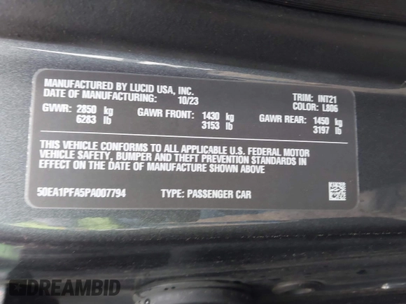 2023 Lucid Air Pure with VIN 50EA1PFA5PA007794, listed as a IAAI auction lot 42113156 with 5,052 mi miles. Bid and sale history available at carsss.com. Image 9.