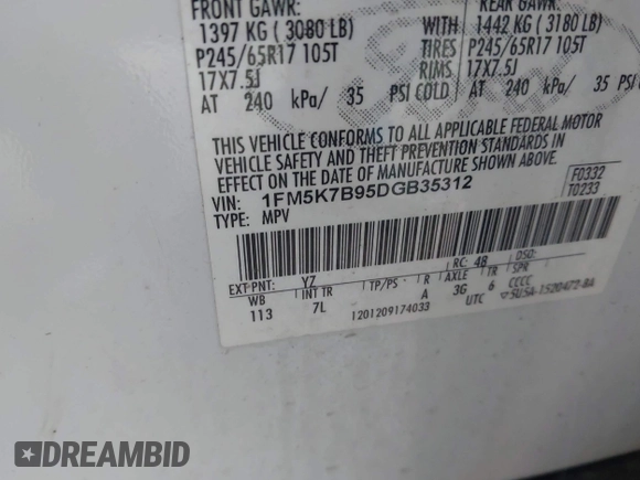 2013 Ford Explorer with VIN 1FM5K7B95DGB35312, listed as a IAAI auction lot 42374719 with 149,928 mi miles and . Bid and sale history available at DreamBid. Image 9.