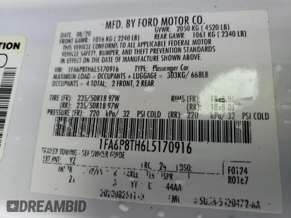 2020 Ford Mustang EcoBoost with VIN 1FA6P8TH6L5170916, listed as a Copart auction lot 59852225 with 144,502 mi miles and Non repairable. Bid and sale history available at DreamBid. Image 12.
