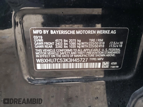 2019 BMW X1 sDrive28i with VIN WBXHU7C53K3H45727, listed as a Copart auction lot 64089932 with 17,763 mi miles. Bid and sale history available at carsss.com. Image 10.