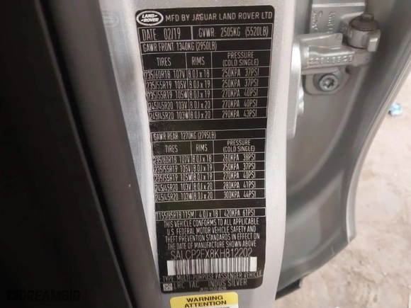 2019 Land Rover Discovery Sport SE with VIN SALCP2FX8KH812202, listed as a IAAI auction lot 41202041 with 84,570 mi miles. Bid and sale history available at carsss.com. Image 9.
