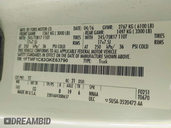 2016 Ford F-150 XL with VIN 1FTMF1C83GKE63790, listed as a IAAI auction lot 42572535 with 234,125 mi miles and . Bid and sale history available at DreamBid. Image 9.