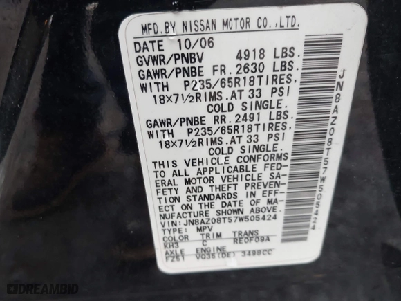2007 Nissan Murano SL with VIN JN8AZ08T57W505424, listed as a IAAI auction lot 41560010 with 173,112 mi miles. Bid and sale history available at carsss.com. Image 9.