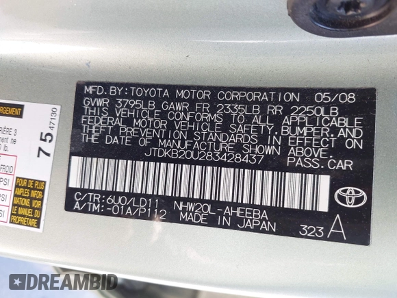 2008 Toyota Prius with VIN JTDKB20U283428437, listed as a IAAI auction lot 42018524 with 124,590 mi miles. Bid and sale history available at carsss.com. Image 9.