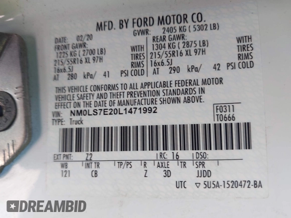 2020 Ford Transit Connect XL with VIN NM0LS7E20L1471992, listed as a IAAI auction lot 42133275 with 44,160 mi miles and . Bid and sale history available at DreamBid. Image 9.