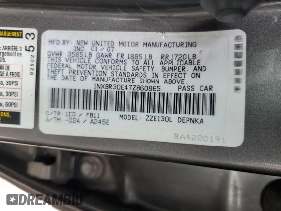 2007 Toyota Corolla CE with VIN 1NXBR30E47Z860865, listed as a Copart auction lot 64004025 with 93,216 mi miles and Salvage title. Bid and sale history available at DreamBid. Image 12.