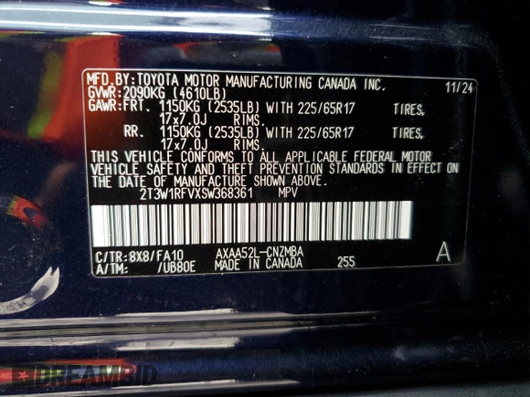 2025 Toyota RAV4 XLE with VIN 2T3W1RFVXSW368361, listed as a Copart auction lot 51331995 with 900 mi miles and Salvage Title. Bid and sale history available at carsss.com. Image 13.