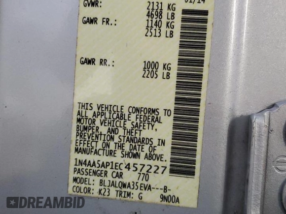 2014 Nissan Maxima S with VIN 1N4AA5AP1EC457227, listed as a Copart auction lot 46235375 with 160,468 mi miles and Salvage Title. Bid and sale history available at DreamBid. Image 15.