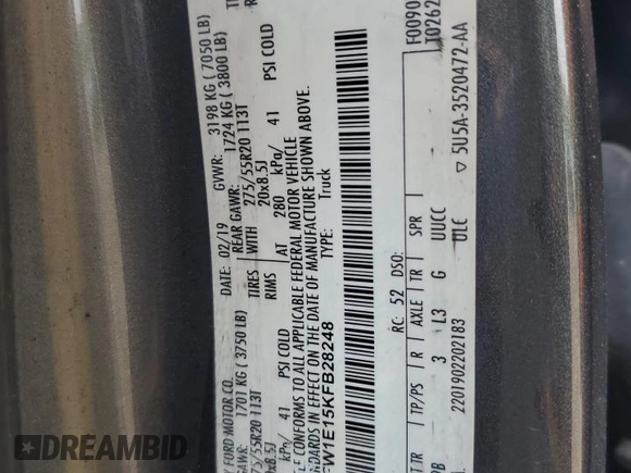 2019 Ford F-150 XL z VIN 1FTFW1E15KFB28248, wystawiony jako Copart lot #59356865 z przebiegiem Nie podano mil oraz Szkoda całkowita • Salvage title. Historia ofert i sprzedaży dostępna na DreamBid. Obrazek 12.
