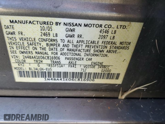 2006 Nissan Maxima 3.5 SE with VIN 1N4BA41E06C816906, listed as a Copart auction lot 74484604 with 0 mi miles and Salvage Title. Bid and sale history available at carsss.com. Image 12.