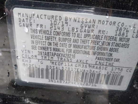 2019 Nissan Sentra S with VIN 3N1AB7AP4KY428216, listed as a IAAI auction lot 41846734 with 123,397 mi miles. Bid and sale history available at carsss.com. Image 9.