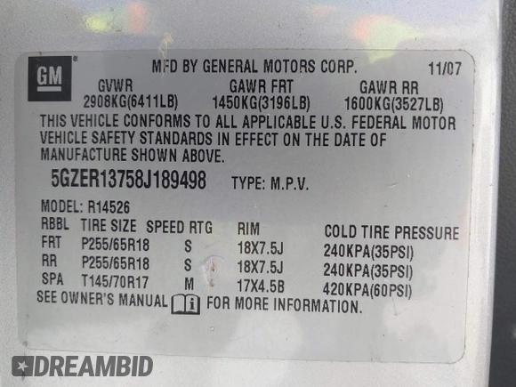 2008 Saturn Outlook XE z VIN 5GZER13758J189498, wystawiony jako IAAI lot #40548391 z przebiegiem Nie podano mil oraz . Historia ofert i sprzedaży dostępna na DreamBid. Obrazek 9.
