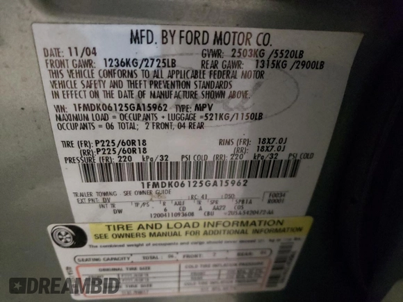 2005 Ford Freestyle Limited z VIN 1FMDK06125GA15962, wystawiony jako Copart lot #46181285 z przebiegiem 192 000 mil mil oraz Nie do naprawy • Non repairable. Historia ofert i sprzedaży dostępna na DreamBid. Obrazek 12.
