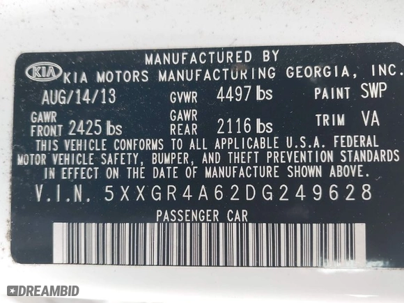 2013 Kia Optima SX w/Limited Pkg with VIN 5XXGR4A62DG249628, listed as a IAAI auction lot 41899068 with 125,947 mi miles. Bid and sale history available at carsss.com. Image 9.