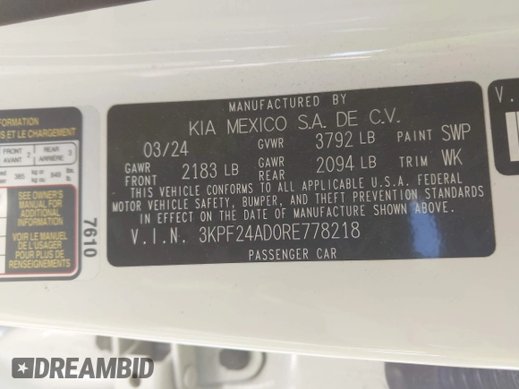 2024 Kia Forte LXS z VIN 3KPF24AD0RE778218, wystawiony jako IAAI lot #42302168 z przebiegiem 57 661 mil mil oraz . Historia ofert i sprzedaży dostępna na DreamBid. Obrazek 9.