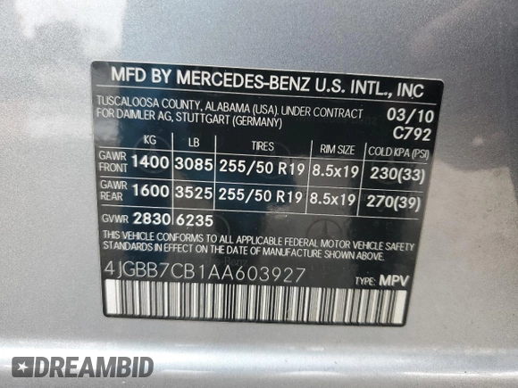 2010 Mercedes-Benz M 550 with VIN 4JGBB7CB1AA603927, listed as a Copart auction lot 85258314 with 50,689 mi miles and Clean Title. Bid and sale history available at DreamBid. Image 15.