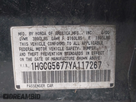 2000 Honda Accord SE with VIN 1HGCG5677YA117267, listed as a IAAI auction lot 42340016 with Not provided miles and . Bid and sale history available at DreamBid. Image 9.