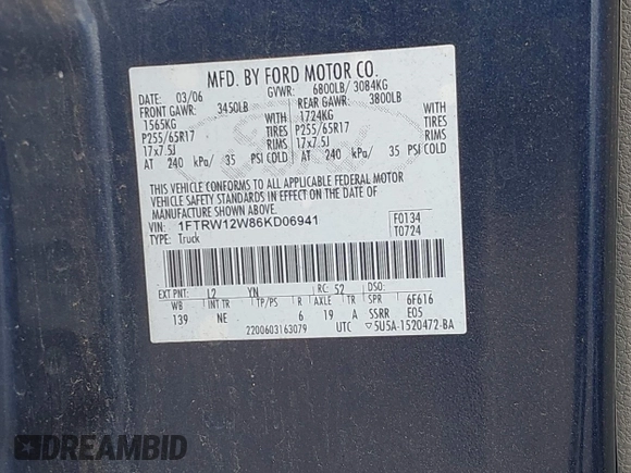 2006 Ford F-150 XLT with VIN 1FTRW12W86KD06941, listed as a IAAI auction lot 42148518 with 244,756 mi miles and . Bid and sale history available at DreamBid. Image 9.