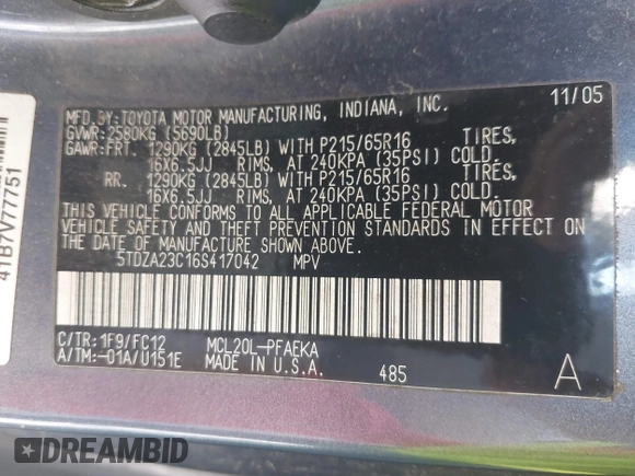 2006 Toyota Sienna CE with VIN 5TDZA23C16S417042, listed as a IAAI auction lot 41652751 with 289,216 mi miles and . Bid and sale history available at DreamBid. Image 9.