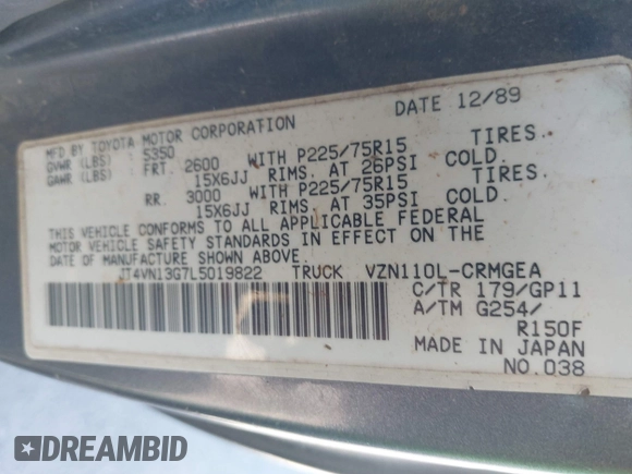 1990 Toyota Pickup SR5 z VIN JT4VN13G7L5019822, wystawiony jako IAAI lot #42194555 z przebiegiem 255 628 mil mil oraz . Historia ofert i sprzedaży dostępna na DreamBid. Obrazek 9.