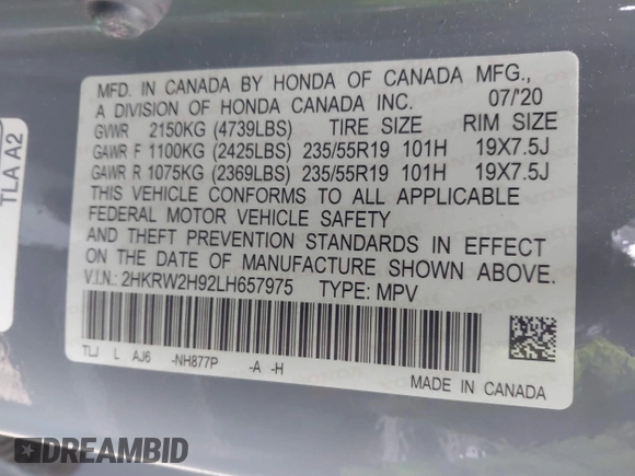 2020 Honda CR-V Touring with VIN 2HKRW2H92LH657975, listed as a IAAI auction lot 41627776 with 46,590 mi miles and . Bid and sale history available at DreamBid. Image 9.