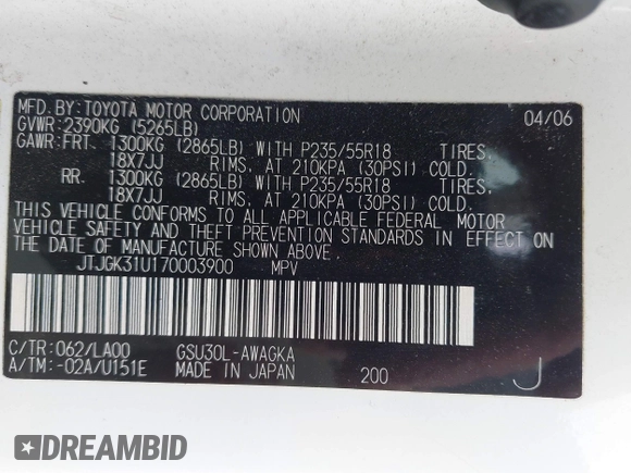 2007 Lexus RX 350 with VIN JTJGK31U170003900, listed as a IAAI auction lot 42194450 with 246,045 mi miles and . Bid and sale history available at DreamBid. Image 9.