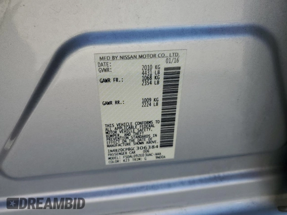 2016 Nissan LEAF S with VIN 1N4BZ0CP8GC306384, listed as a Copart auction lot 52781865 with 53,870 mi miles and Salvage Title. Bid and sale history available at carsss.com. Image 12.
