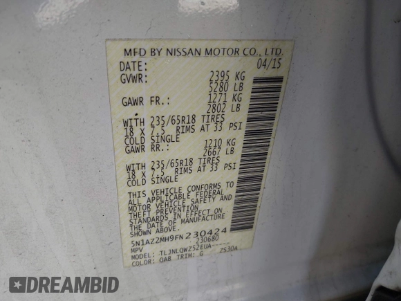 2015 Nissan Murano S z VIN 5N1AZ2MH9FN230424, wystawiony jako IAAI lot #41661722 z przebiegiem 104 475 mil mil oraz . Historia ofert i sprzedaży dostępna na DreamBid. Obrazek 9.