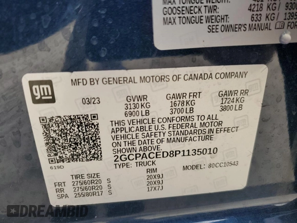 2023 Chevrolet Silverado 1500 LT with VIN 2GCPACED8P1135010, listed as a Copart auction lot 48339915 with Not Provided miles and Salvage Title. Bid and sale history available at DreamBid. Image 12.