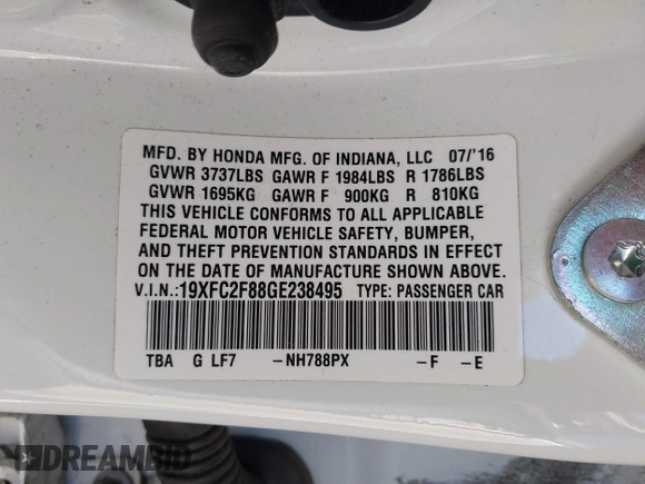 2016 Honda Civic Sedan EX with VIN 19XFC2F88GE238495, listed as a IAAI auction lot 41856415 with 178,617 mi miles. Bid and sale history available at carsss.com. Image 9.